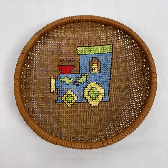 Handcrafted Cross Stitch Needlepoint Train Wicker Basket Bowl Decor Catchall - Picture 1 of 5